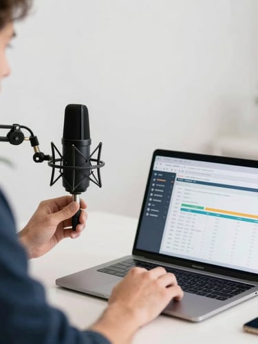 A professional male content creator in a bright modern workspace, adjusting a high-quality microphone next to a laptop displaying clean analytics charts, 35mm photography