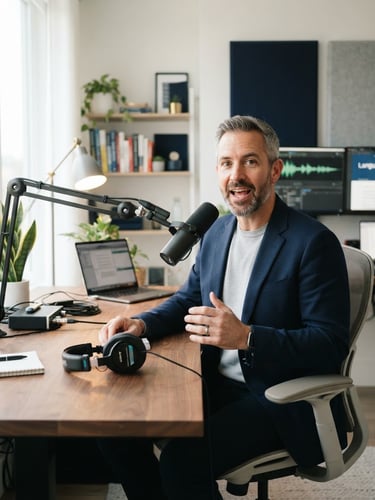 A professional male language educator speaking into a high-end microphone in a clean, modern studio workspace, soft daylight, navy accents, 35mm