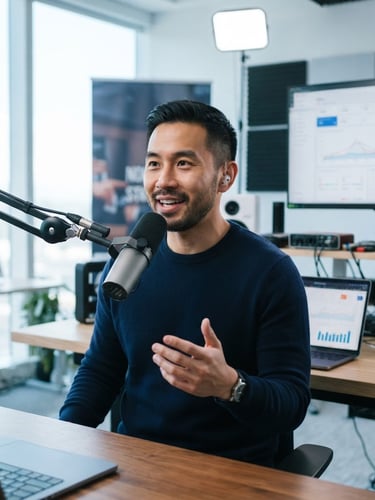 Medium close-up of a professional male content creator in a bright modern studio, speaking into a high-end microphone, laptops with analytics charts visible in the background, cool daylight undertones, 35mm photography.