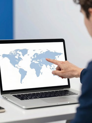 A male tutor pointing to a clean digital world map on a laptop screen, modern workspace, soft studio lighting, royal blue accents, sharp focus