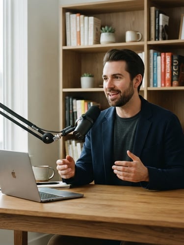 A professional male creator speaking into a high-end microphone in a clean, modern workspace, soft daylight, physical books on a shelf behind him, 35mm photography