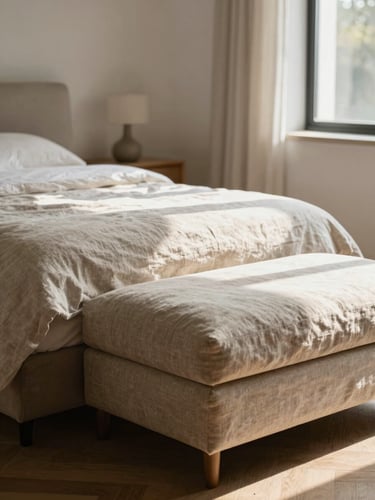A close-up of a tailored Belgian linen ottoman bed unfolding quietly in a sunlit architectural living room, soft morning side-light, deep shadows