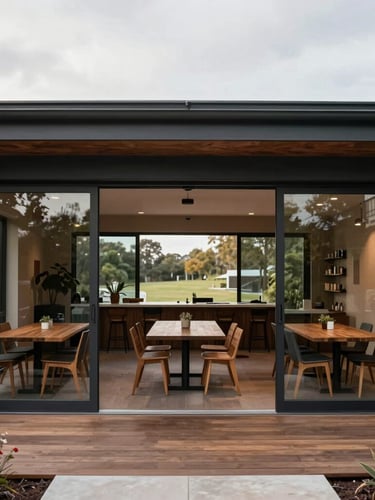 Straight-on architectural photograph of a renovated Point Grey dining area, large sliding glass doors, seamless transition to outdoor deck, soft overcast daylight.
