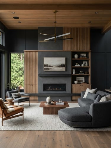 Straight-on architectural elevation of a modern West Coast living space, soft diffused overcast daylight, deep charcoal and warm wood tones, high-end interior design.