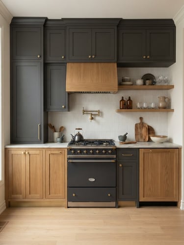 Straight-on architectural elevation of a renovated kitchen with brushed brass hardware, custom wood cabinetry under soft morning light