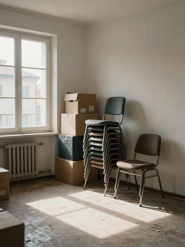 Wide shot looking into a half-cleared apartment room in a Mantua building, stacks of chairs and boxes piled along one wall, a bare floor partially visible, natural window light casting across the scene, no people posing