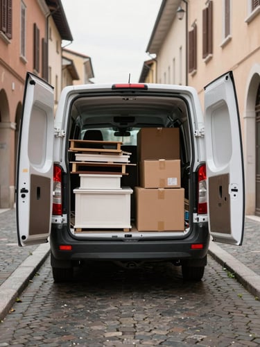 Wide environmental shot of a white moving van parked in a narrow Mantova street, rear doors open, workers loading stacked furniture and cardboard boxes in flat natural daylight, cobblestones visible in the foreground