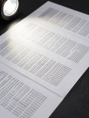 Extreme close-up overhead flat-lay of printed blockchain transaction records and wallet address logs spread across a matte black desk, studio strobe lighting, sharp forensic detail, no people