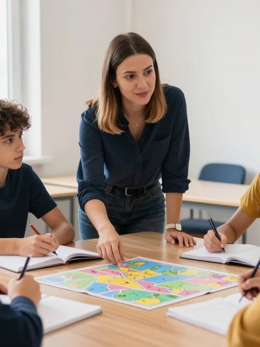 bright editorial photography, natural window daylight, warm navy and mustard tones, shallow depth of field, 35mm. Active classroom moment in Greece, a native English teacher guiding a lively group discussion with teenagers, notebooks and colorful maps on the wooden desks, candid shot.