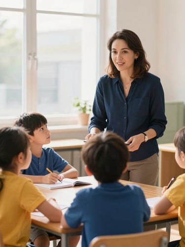 Bright editorial portrait of an experienced female teacher guiding a small group of children in a warm, sunlit classroom, natural daylight, 35mm