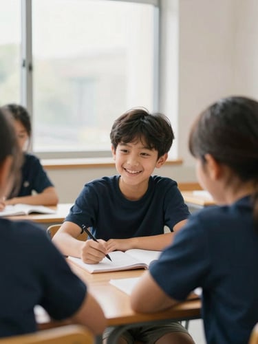 Bright editorial photography of a modern classroom with natural window daylight, a young student smiling while collaborating with classmates, warm navy and mustard tones, shallow depth of field, 35mm