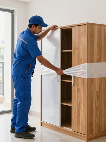 A professional uniform-wearing mover carefully wrapping a wooden cabinet with heavy-duty stretch film inside a bright Bangalore apartment