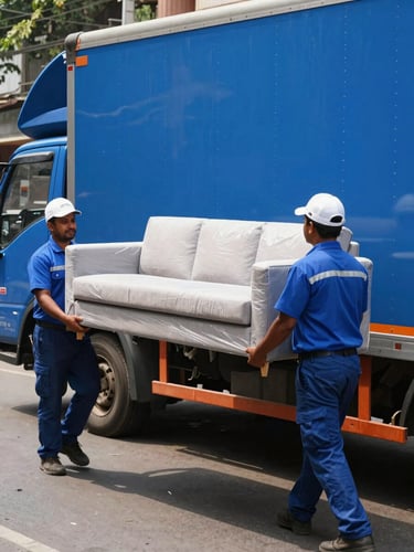 A professional, uniformed DTC moving crew in bright daylight, carefully carrying a wrapped modern sofa near a clean blue transport truck on a Bangalore street.