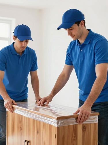Medium shot of two professional, uniformed DTC movers in bright blue shirts, carefully wrapping a wooden cabinet with protective stretch film in a brightly lit room.