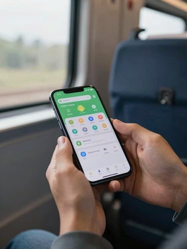 Close-up of hands cradling an Android phone on a commuter train, natural morning window light, app interface softly visible on screen, blurred seat backs in background