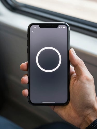 Phone screen showing a calm breathing timer app with minimal circular progress ring, held in one hand over a subway seat, natural daylight from above
