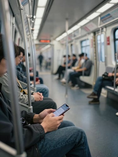 Wide shot of a subway car interior, a person's hands resting on their lap holding a phone at mid-screen, soft natural daylight through the window, the carriage mostly empty, calm and unhurried atmosphere