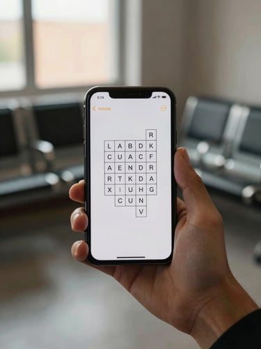 Hand holding a phone displaying a simple word puzzle game screen, soft afternoon light through a window, blurred waiting-room chairs in background