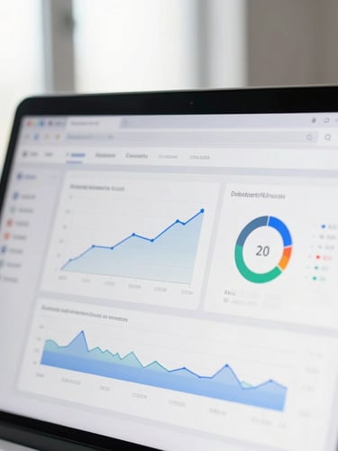 Close-up of a modern digital analytics dashboard showing clean graphs, performance metrics, and creator attribution data, soft natural window light, shallow depth of field, sleek editorial style.