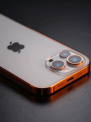 Sleek close-up of a titanium iPhone on a dark reflective surface, dramatic orange rim lighting, sharp focus, 8k resolution