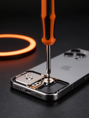 Macro shot of a high-tech precision screwdriver repairing an iPhone interior on a clean black workbench, orange neon rim lighting, sharp focus, 8k