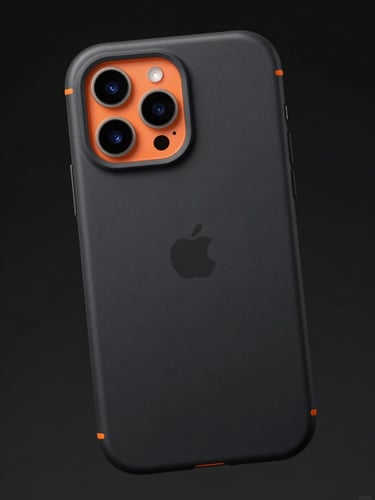 Sleek matte black iPhone case with subtle orange accents, high-contrast studio lighting, dark background, sharp focus, 8k resolution