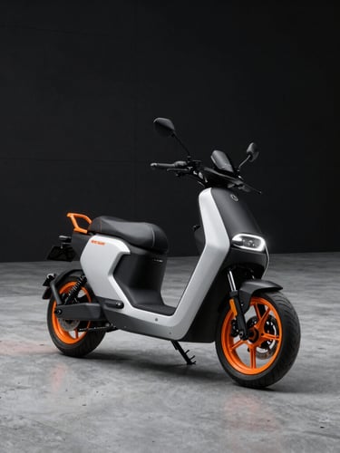 Sleek modern electric motorcycle parked in a clean minimalist concrete plaza, dramatic orange rim lighting, sharp product focus, 8k resolution