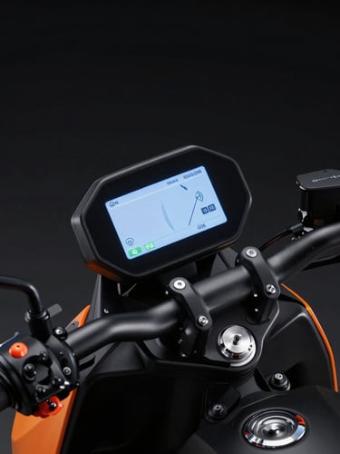 Close-up of a modern electric motorcycle dashboard and handlebars, glowing digital display, sleek matte black finish with subtle orange accents, crisp studio lighting