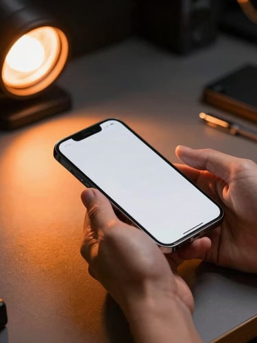 Hands holding an iPhone over a clean technical workbench, warm orange accent lighting, professional and precise atmosphere