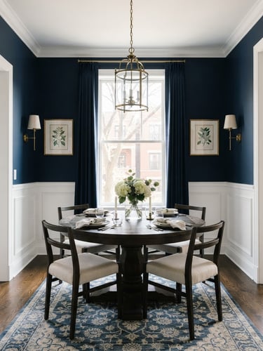 Straight-on architectural shot of a bright Chicago dining room with crisp white wainscoting and deep navy walls, natural window light.