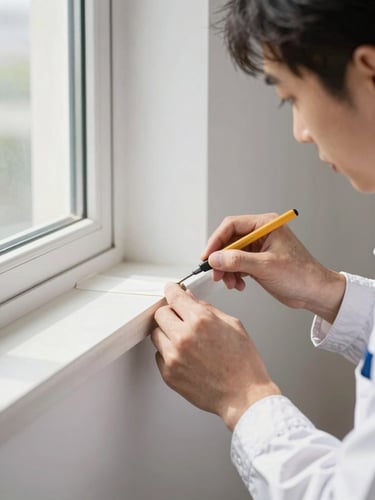A painter in a clean uniform carefully taping a baseboard with absolute precision, bright natural daylight, macro detail.