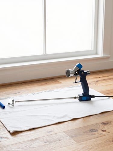 A clean, neatly laid canvas drop cloth on a hardwood floor, a professional paint sprayer and clean tools arranged precisely, bright window light.