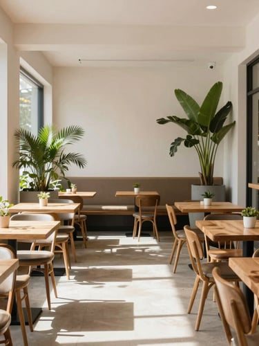 Bright, high-key natural daylight shot of a modern Australian cafe interior with clean timber tables and green plants, framed straight-on.
