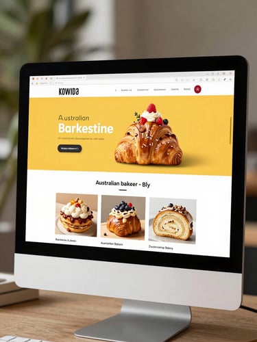 A flat straight-on browser mockup displaying a vibrant modern Australian bakery website on a clean desktop screen, natural bright daylight, high saturation.