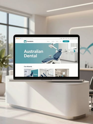 Flat portrait browser mockup of a modern Australian dental clinic website, bright daylight, clean modern reception area.