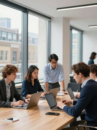 Bright editorial photography of a modern London workspace with large windows, professionals collaborating around a wooden table, daylight, shallow depth of field, 35mm
