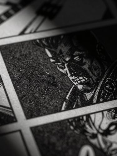 Extreme close-up of a high-contrast ink-and-wash comic panel, moody directional studio lighting, deep black shadows, physical paper grain texture, macro lens