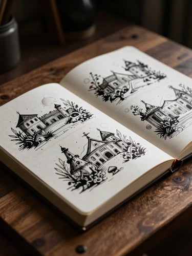 Atmospheric studio photography of a rustic wooden drawing board, moody directional light casting deep shadows, high-contrast ink-and-wash sketchbooks open to detailed sequential panels, physical paper grain and rich ink textures visible, macro lens, shallow depth of field.