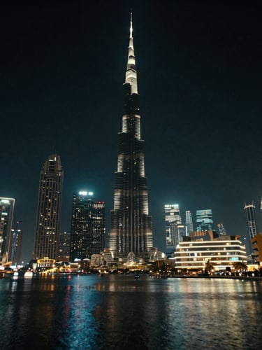 Wide anamorphic cinematic shot of the Dubai skyline at night, with neon lights reflecting on wet pavement, low-key, high-contrast, dramatic neon backlighting.