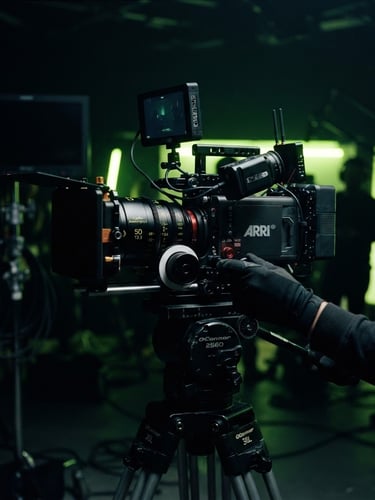 Wide anamorphic shot of a high-end cinema camera rig on a dark set, dramatic neon lime green backlighting, moody studio shadows, 35mm grain.