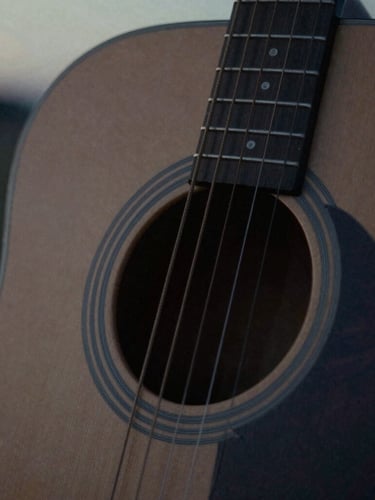 Extreme close-up of a single acoustic guitar string in deep shadow, soft twilight natural light, moody cinematic photography, 35mm film grain