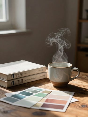 A quiet studio corner in soft morning daylight, steam rising from a ceramic cup next to linen-bound brand books and color swatches on a wooden table.