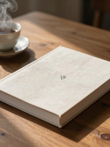 Soft morning daylight illuminating a linen-bound brand book resting on a wooden table, steam gently rising from a ceramic teacup nearby, warm shadows.