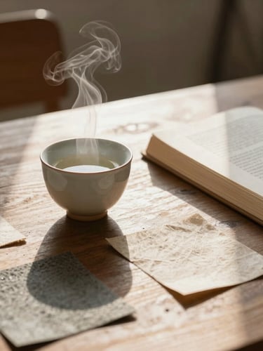 Soft morning light illuminating a quiet studio workspace, a ceramic tea cup with gentle steam rising next to textured paper swatches and a linen-bound book, warm amber accents, minimalist composition.