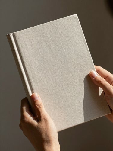 Hands carefully holding a linen-bound brand book, showcasing the textured fabric cover and elegant blind debossing under soft morning light.