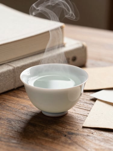 A close-up macro shot of steam rising from a ceramic tea cup placed next to linen-bound brand books and organic paper swatches on a wooden table, soft morning light.