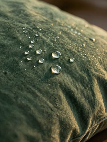 Close-up macro shot of water droplets beading perfectly on a rich forest green woven pillow fabric, soft golden-hour sunlight, shallow depth of field, 35mm