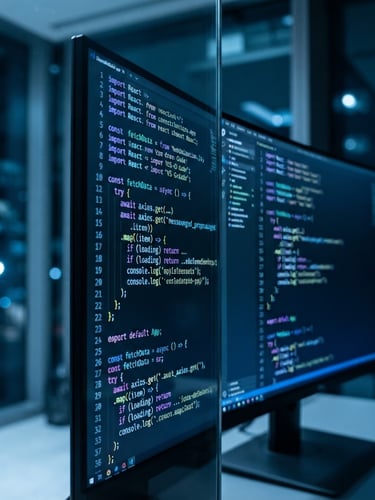 Macro photograph of clean code on a dark monitor, reflected in glass, cool blue ambient lighting, sharp focus, 35mm lens