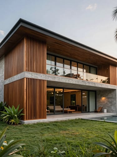 Wide-angle exterior elevation of a modern luxury tropical bungalow in Malaysia at golden hour, featuring rich timber screens, raw concrete walls, large glass sliding doors, and lush green landscaping.