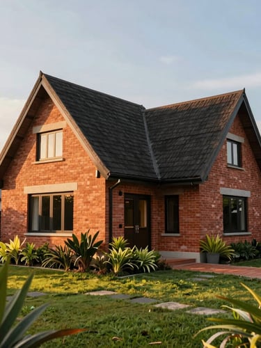 Wide-angle exterior elevation of a modern English cottage in Malaysia, steep dark roofs, warm red brick accents, manicured tropical garden, golden hour sunlight.
